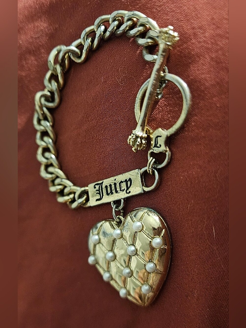 Juicy Couture Y2K Quilted Puffy Heart Pearl Charm Toggle Bracelet 8" Silver
